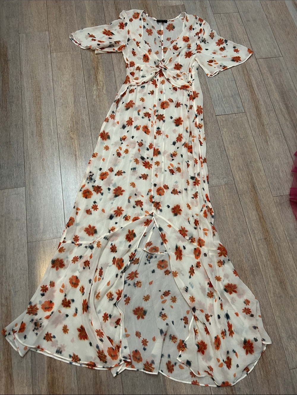 rag & bone Tamar silky Cream Maxi Dress with Orange Floral Print front slit sz 0